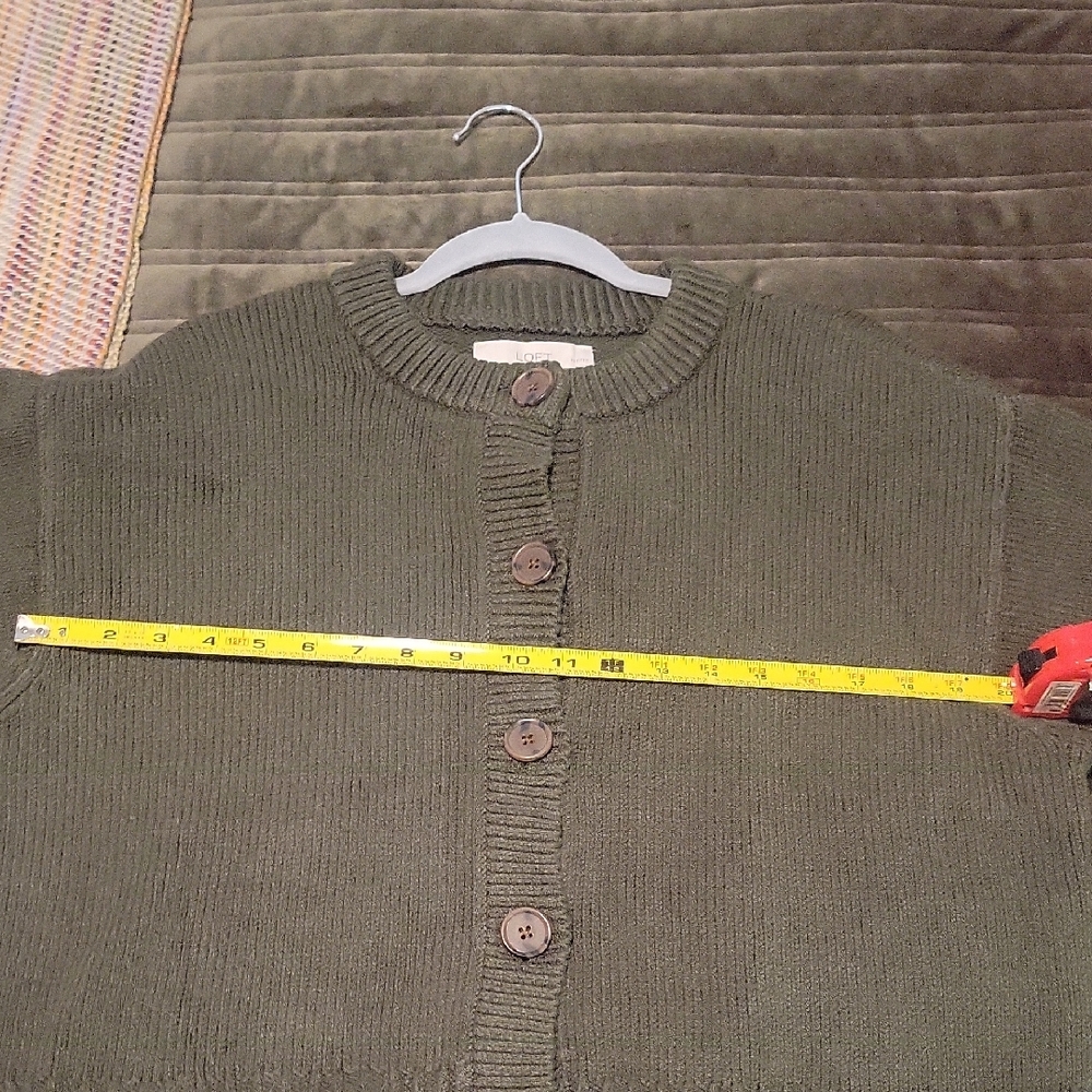 LOFT Olive Green Button-Front Crewneck Cardigan - Picture 10 of 11
